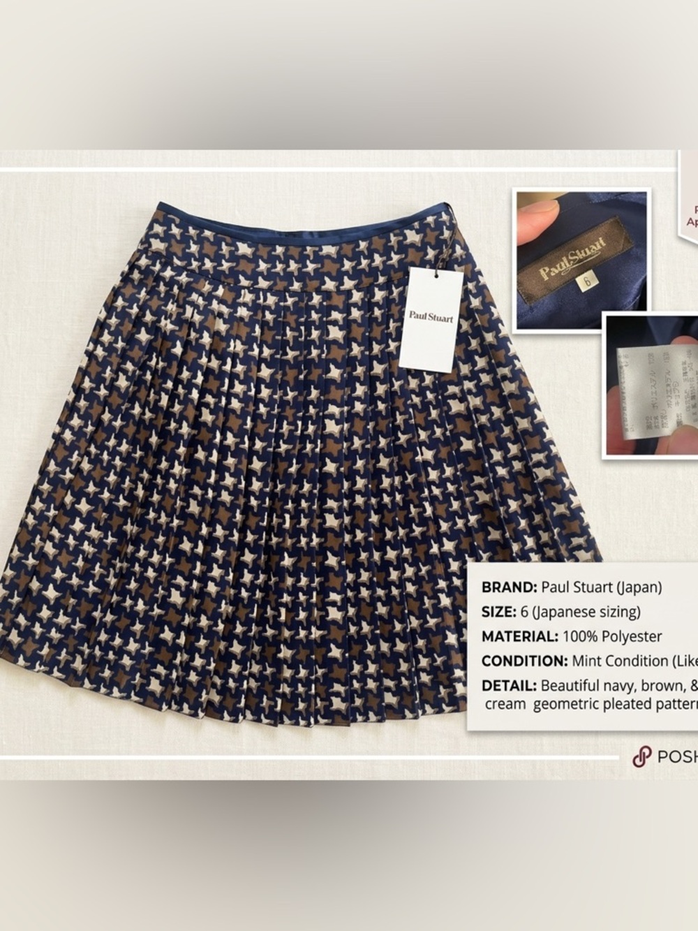 Paul Stuart Japanese Navy, Brown & Cream Pleated Geometric Skirt